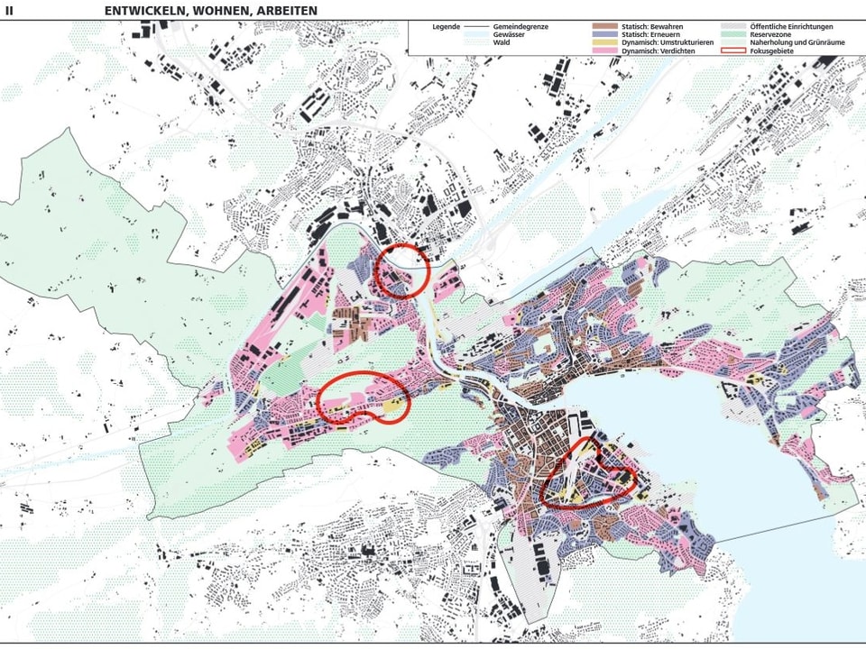 Grafik eines Stadtplanes mit verschieden farbig markierten Zonen