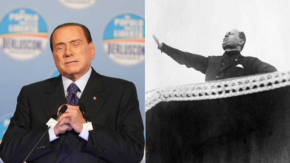 Berlusconi-Porträt, daneben Mussolini.