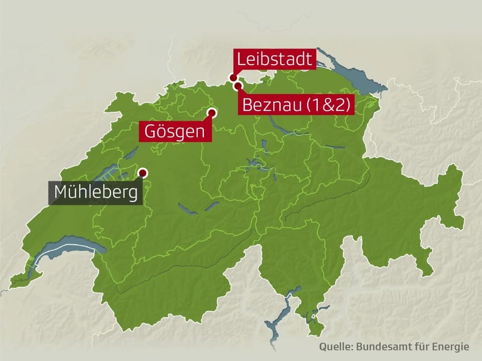 Standorte der vier Kernkraftwerke der Schweiz