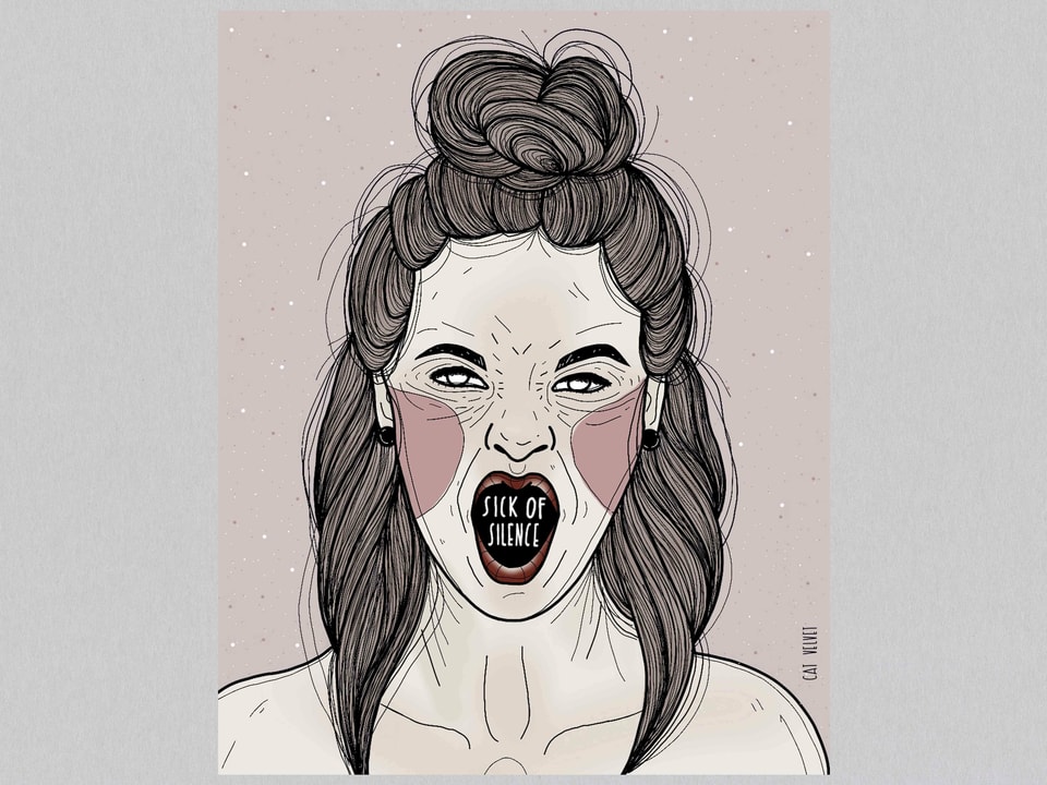 Ein Comic zeigt eine wütende Frau, in ihrem offenen Mund steht: "Sick of Silence".