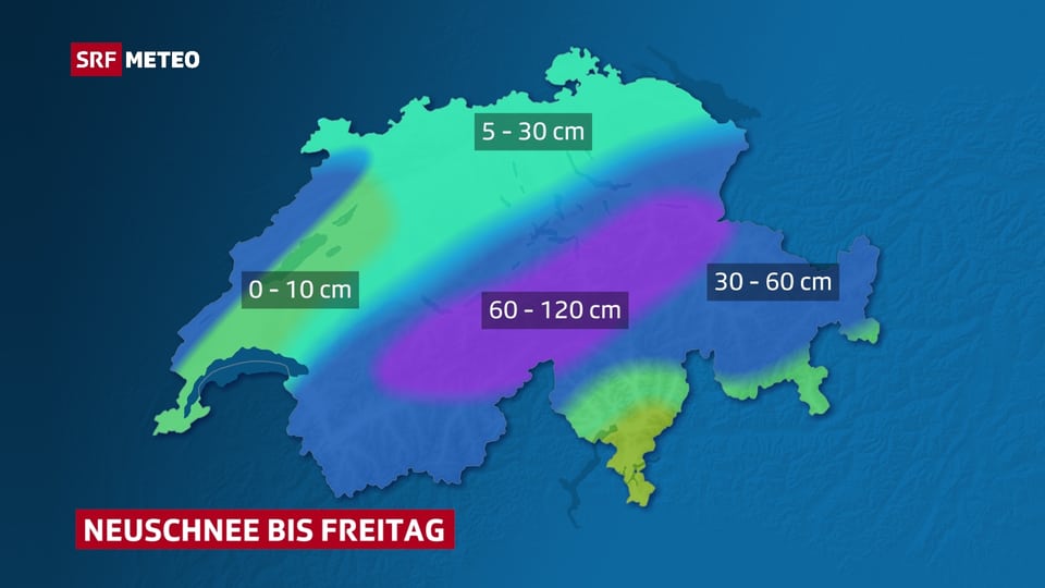 Schweizerkarte mit voraussichtlichen Neuschneesummen
