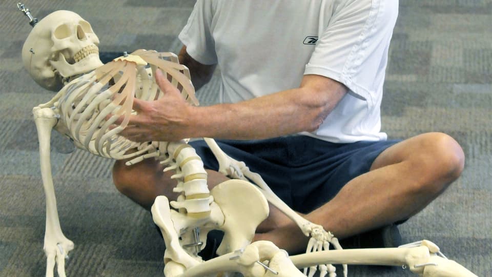 Ein Mann sitzt auf dem Boden und hält ein Skelett-Modell im Arm. Er zeigt in den Brustkorb des Skeletts.