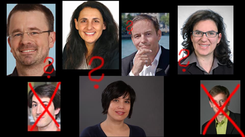 Portraits von Raphael Golta, Jaqueline Badran, Matin Naef, Mirjam Schlup Villaverde und Min Li Marti (garniert mit roten Fragezeichen) und Davy Graf, Jean-Daniel Strub und Jean-Daniel Strub (durchgestrichen)