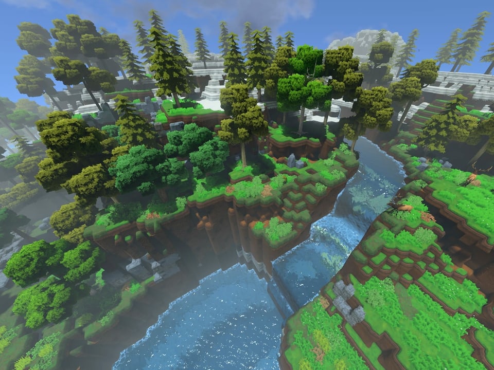 Spielwelt mit grünem Wald und einem Wasserfall.