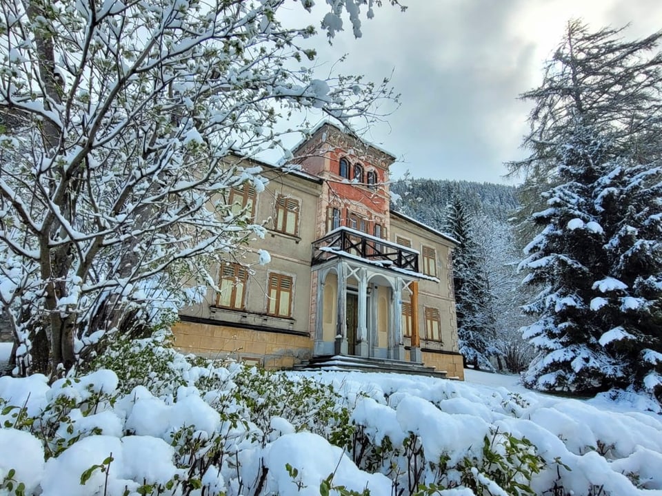 Historisches Gebäude im Schnee mit umgebenden Bäumen