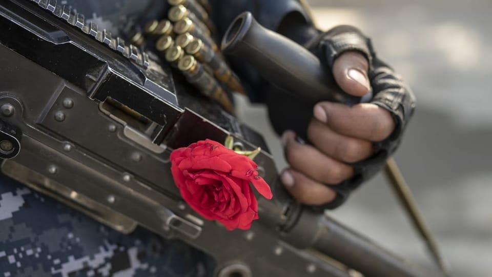 Ein Taliban mit einer Rose am Gewehr.