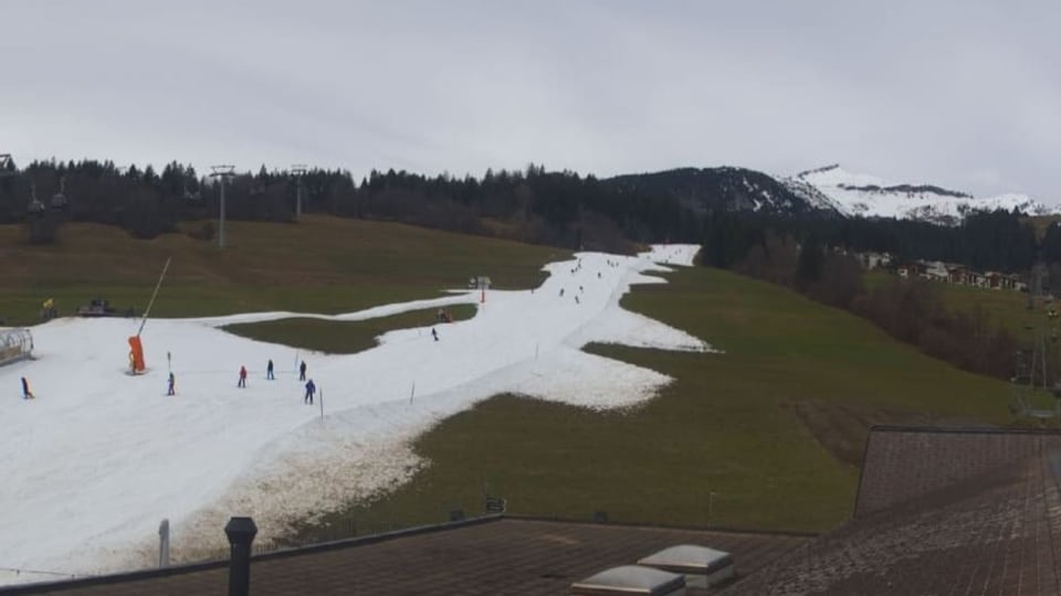 Kunstschneeband auf grüner Wiese bei Flims