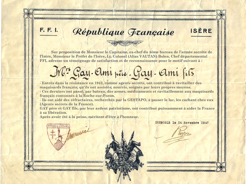 Urkunde drückt den Dank der Französischen Republik aus an den Onkel und Grossonkel der Schriftstellerin für ihre Unterstützung der Résistance.