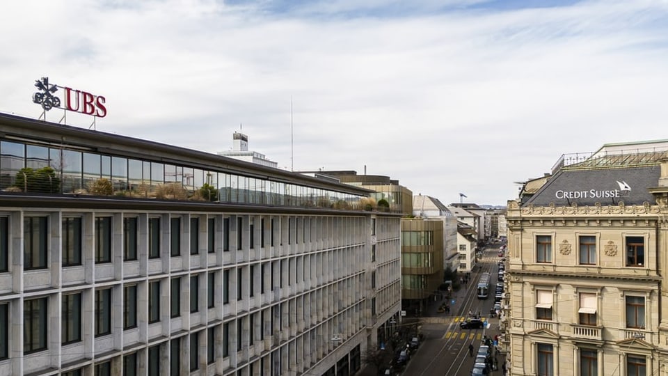 Drohenaufnahme über dem Paradeplatz mit Blick auf die Gebäude der beiden Banken.