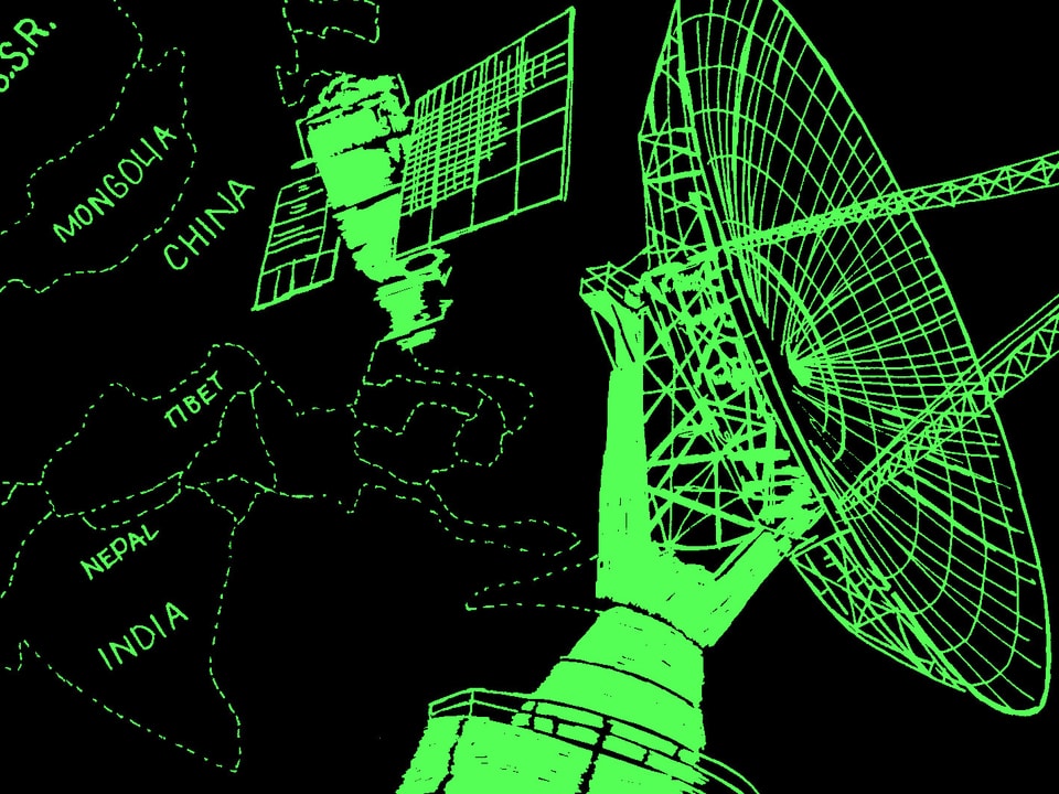 Teleskop, Satellit und die Landkarte Asiens in Neongrün auf schwarzem Grund...