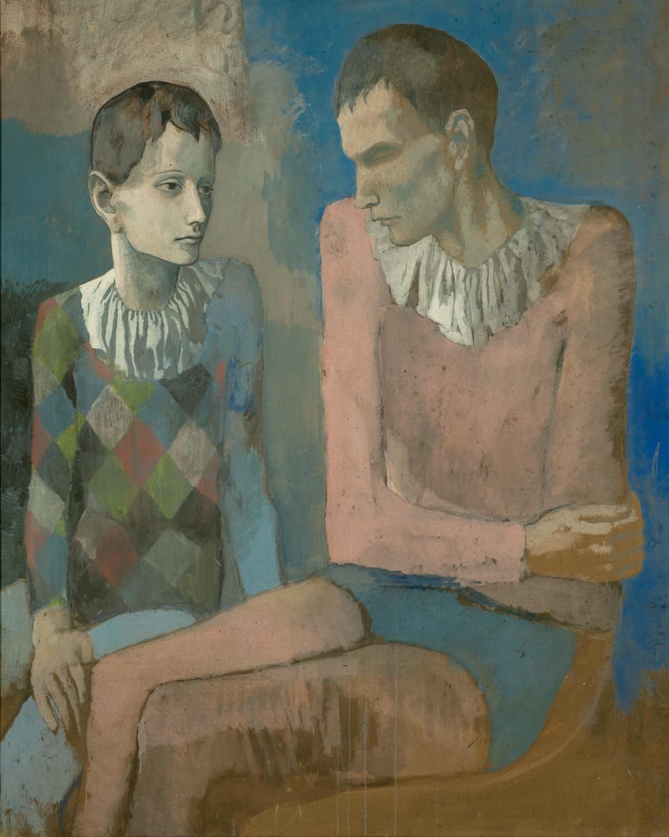 Ein in Blautönen gehaltenes Gemälde zeigt zwei junge Männer