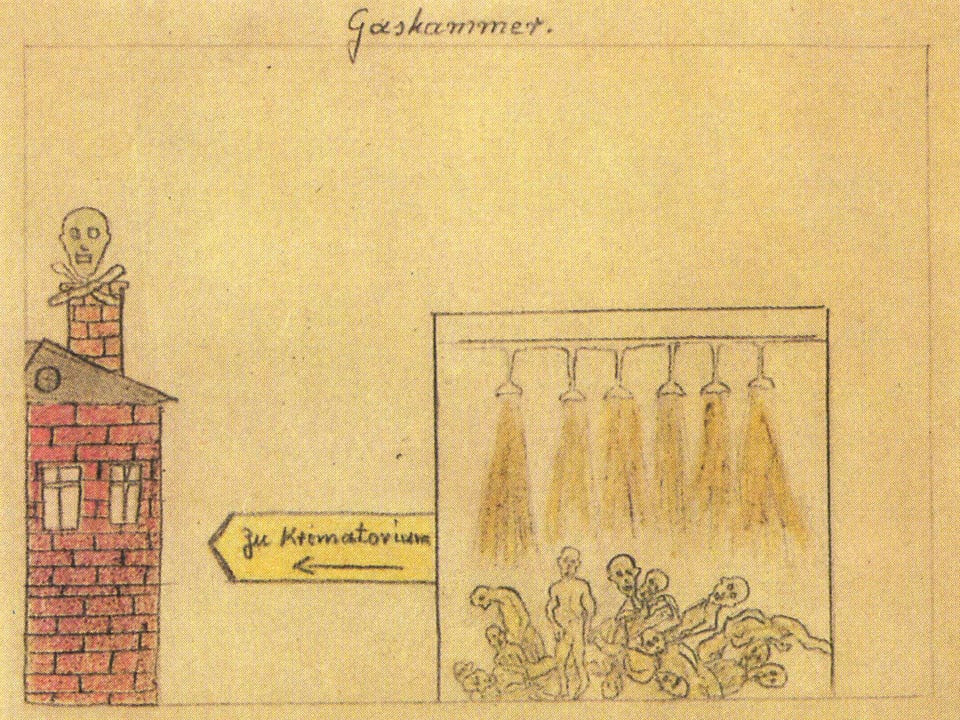 Eine Zeichnung von Kalman Landau, die das Leiden im KZ von Auschwitz zeigt.