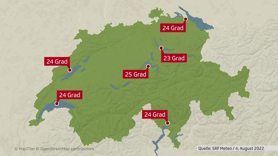 Karte mit den Wassertemperaturen der Schweizer Seen.