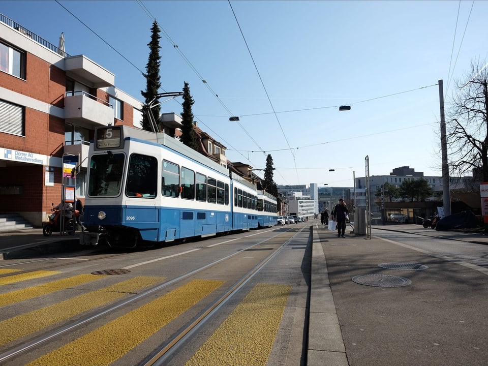 Ein blau-weisses Tram steht bei strahlendem Sonnenschein an der Haltestelle.