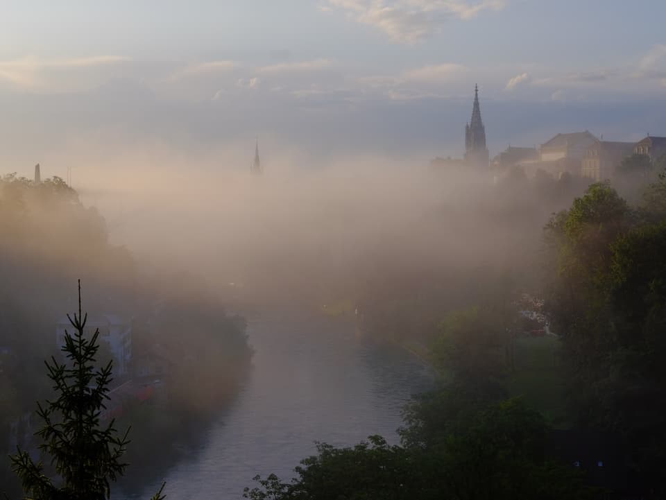 Nebelschwaden liegen über dem Fluss. Die aufgehende Sonne färbt das Bild langsam ein.