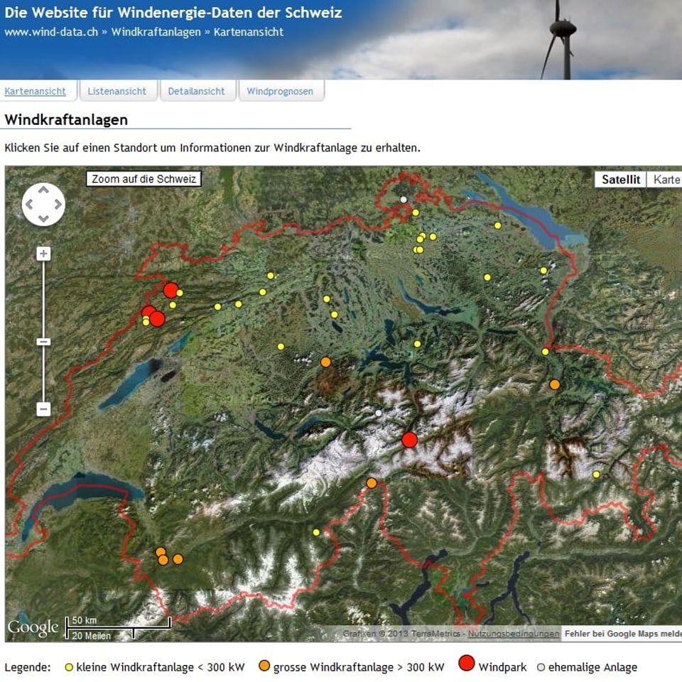 Landkarte der Schweiz mit den eingezeichneten Windkraftanlagen