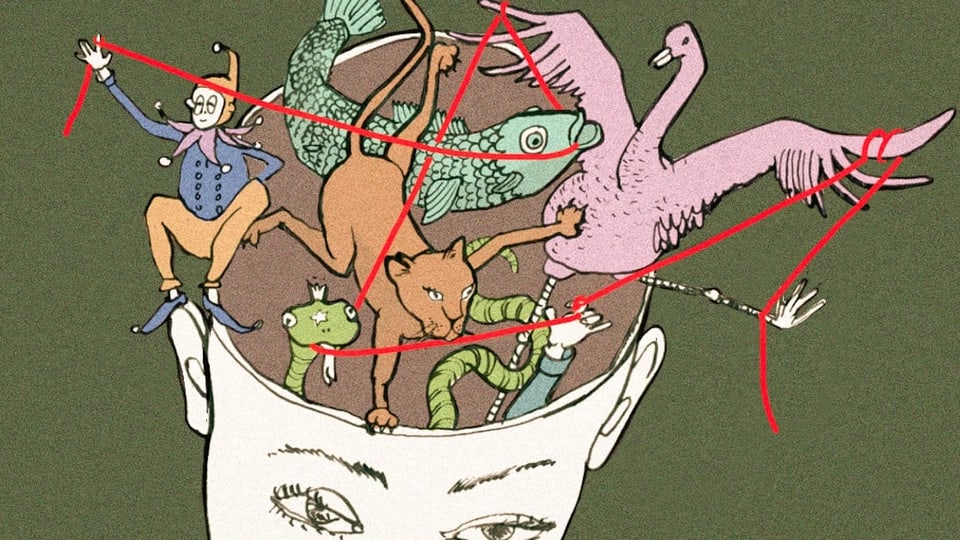 Illustration: Ein roter Faden verbindet verschiedene Figuren in einem Gehirn