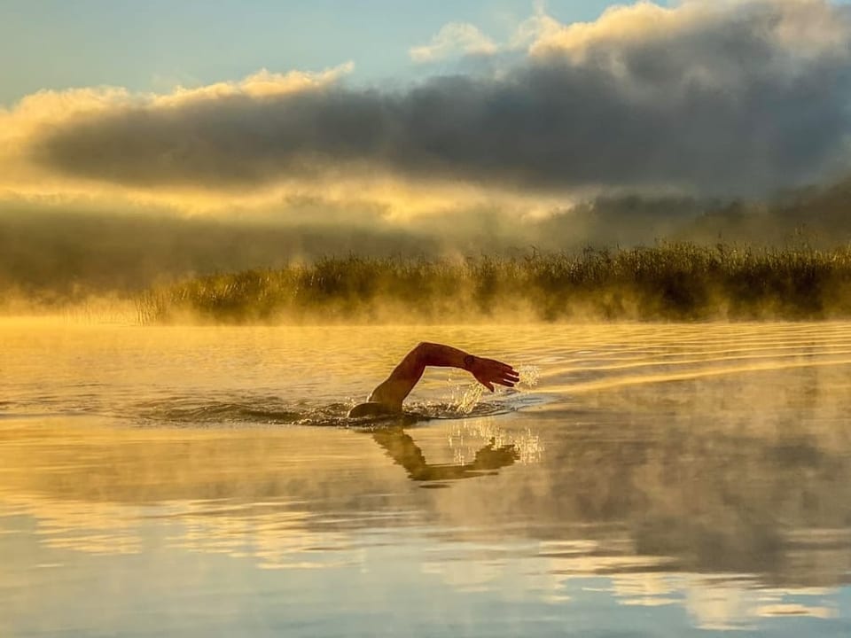 Ein Schwimmer in einem See inklusive Seerauch.