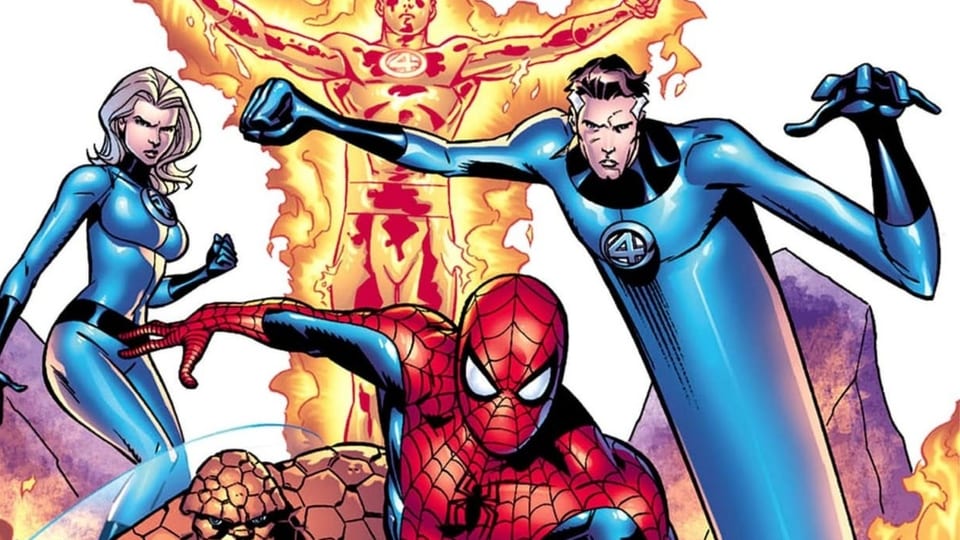 Spiderman zwischen den Fantastic Four.