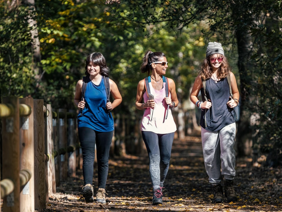 Drei junge, fröhliche Frauen in Sportbekleidung laufen eine Lichtung entlang