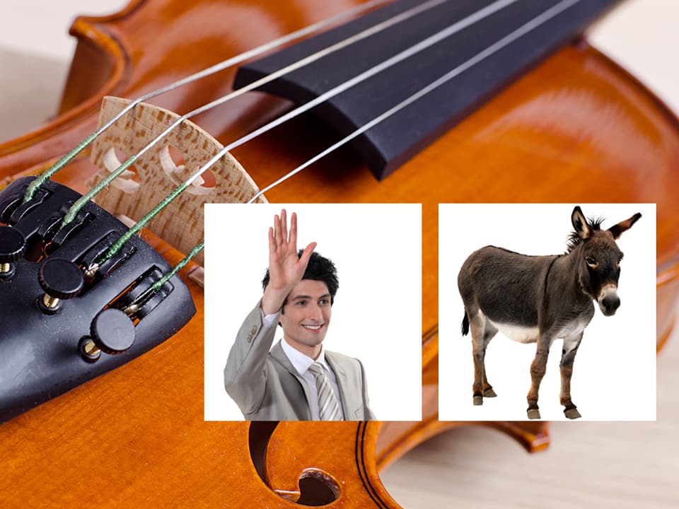 Eine Violine im Hintergrund, im Vordergrund zwei kleine, quadratische Bilder mit einem Mann, der winkt, und einem Esel.