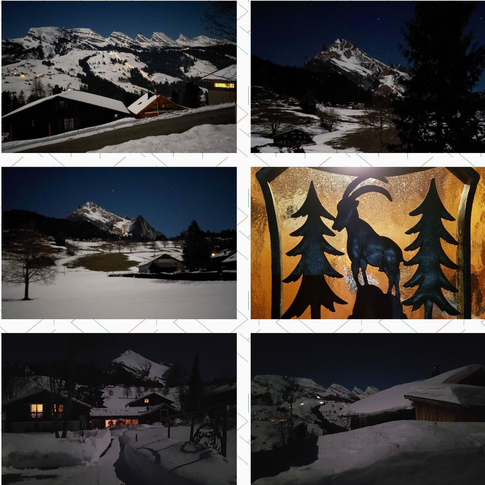 Collage mit verschiedenen Impressionen von Wildhaus während einer Volllmondnacht.