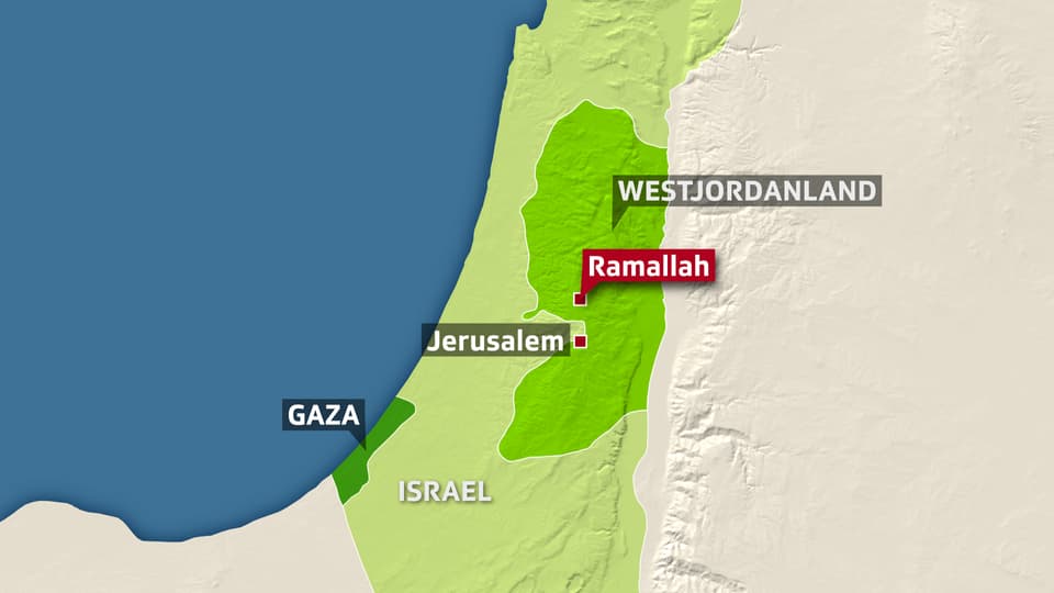 Landkarte Israels eingezeichnet mit den palästinensischen Gebieten