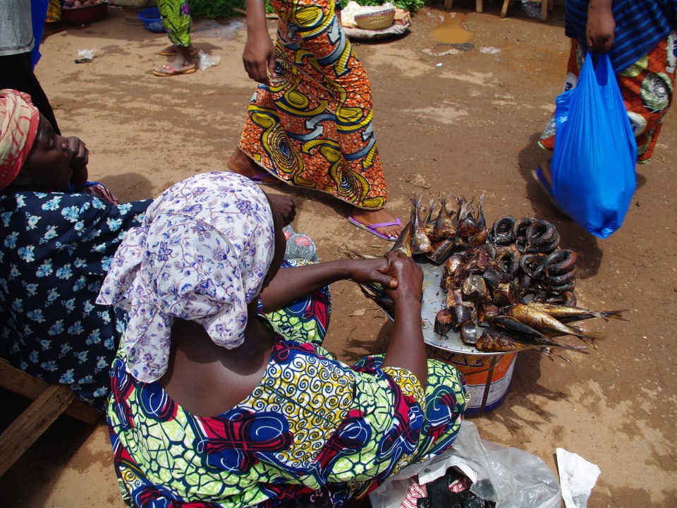 Marktszene in Westafrika: Eine Frau mit Kopftuch hält geräucherte Fische feil.