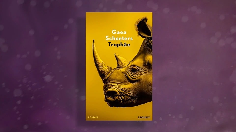 Gelbes Buchcover von Gaea Schoeters: «Trophäe» mit dem Kopf eines Nashorns.