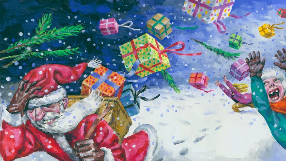 Illustration eines Weihnachtsmanns mit Rucksack, dem alle Geschenke im Sturm davonfliegen. Kinder fangen sie auf