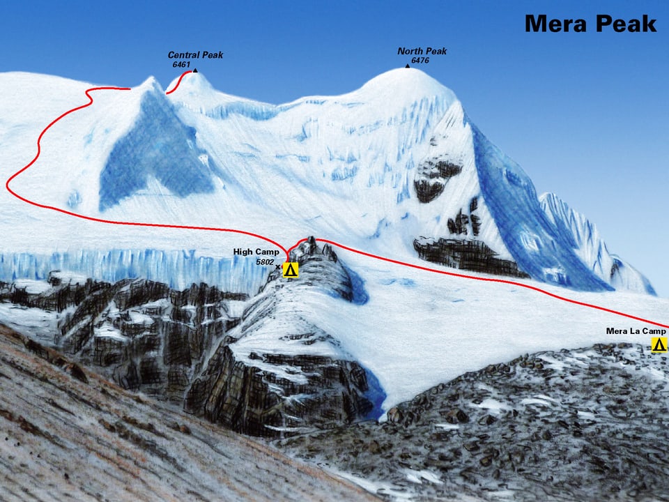 Zeichnung eines hohen Berges mit zwei Gipfeln und eingezeichnetem Weg.