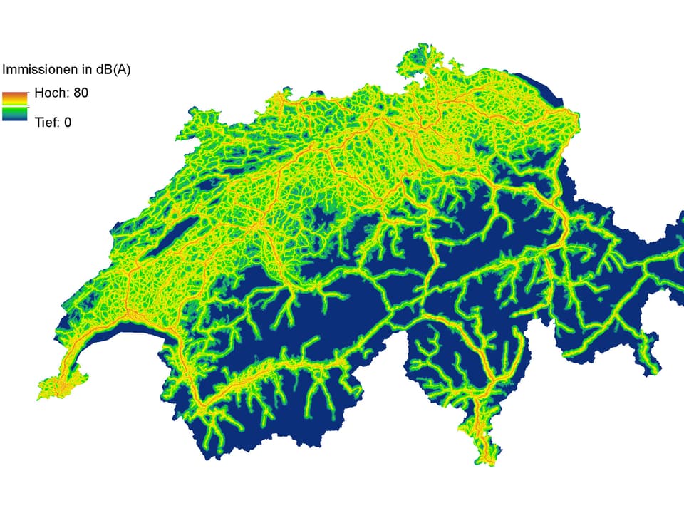 Die Karte zeigt die rechnerisch ermittelte Lärmbelastung der Schweiz. 