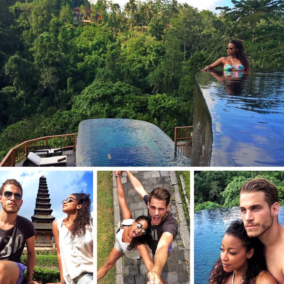 Eine Collage von glücklichen Ferienbildern. Ob albernd vor einem Tempel oder im Pool. Auch alleine geniesst Fabienne den grossen infinity pool.