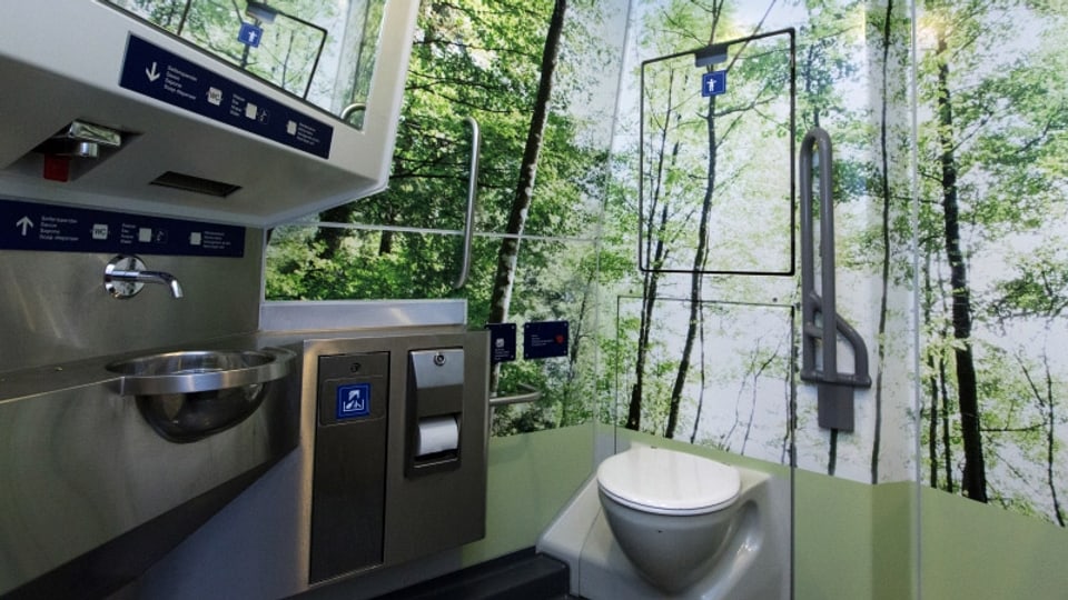 WC mit Waldmotiv an den Wänden.