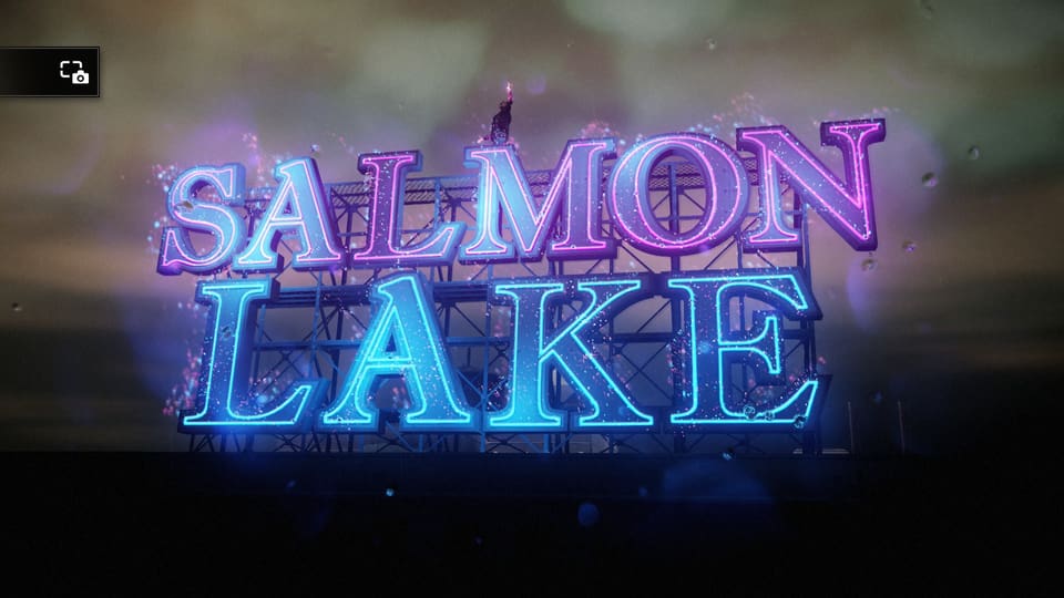 Die Neon-Leuchtreklame eines Hotels namens Salmon Lake.