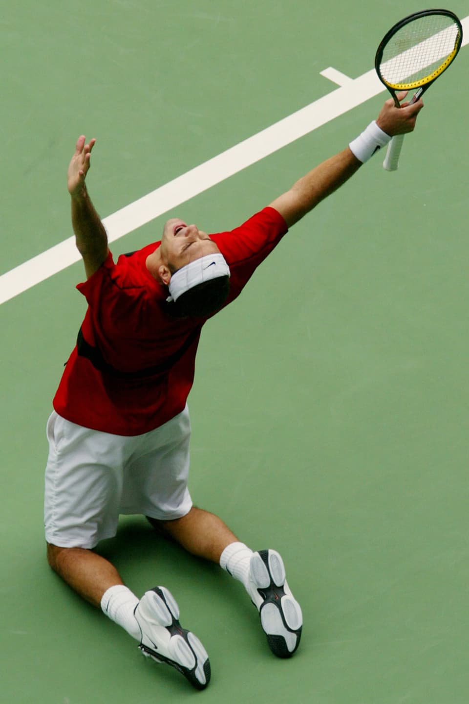 Federer auf den Knien, die Arme jubelnd in die Höhe gereckt.