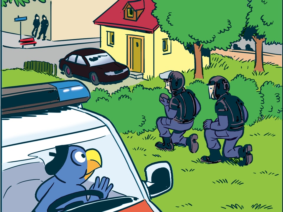 Zeichnung aus dem Globi-Buch: Globi beobachtet aus dem Polizeiauto die Sondereinheit Skorpion bei einem Einsatz.