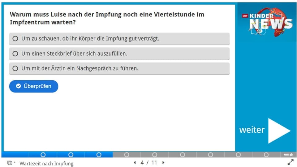 Screenshot einer Quizfrage mit 3 Antwortmöglichkeiten. Am rechten Bildrand das Kinder-News-Logo.
