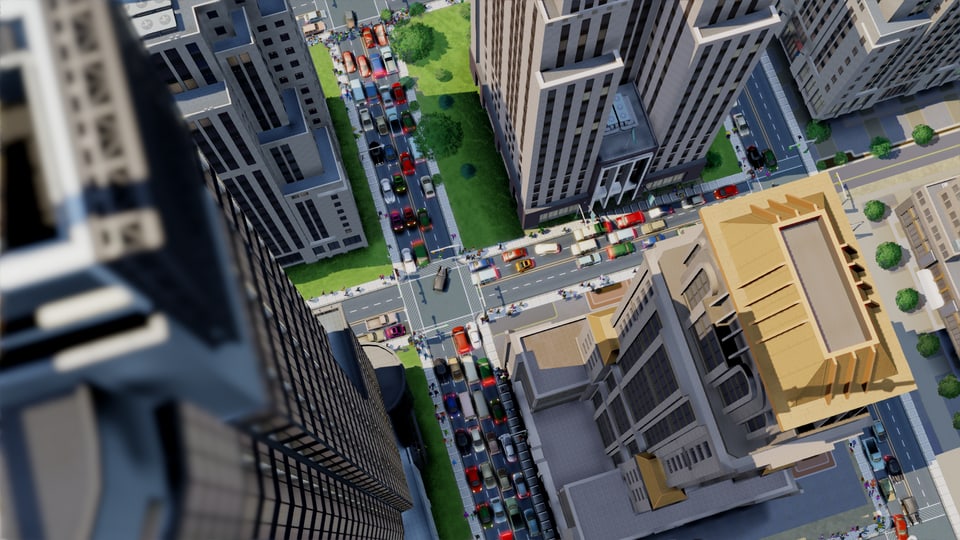 Ein Screenshot des Games «SimCity» zeigt mit Blick von oben Hochhausschluchten und Autos in den Strassen.