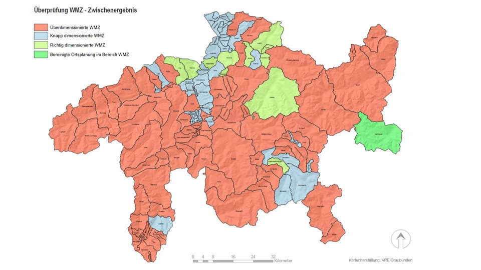 Karte Graubündens. Sie zeigt, dass ein Grossteil zu grosse Bauzonen hat. 
