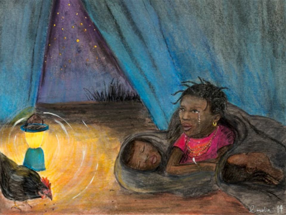 Zeichnung aus dem Bilderbuch «Der grosse Wunsch»: Das afrikanische Mädchen Semaya im Flüchtlingslager