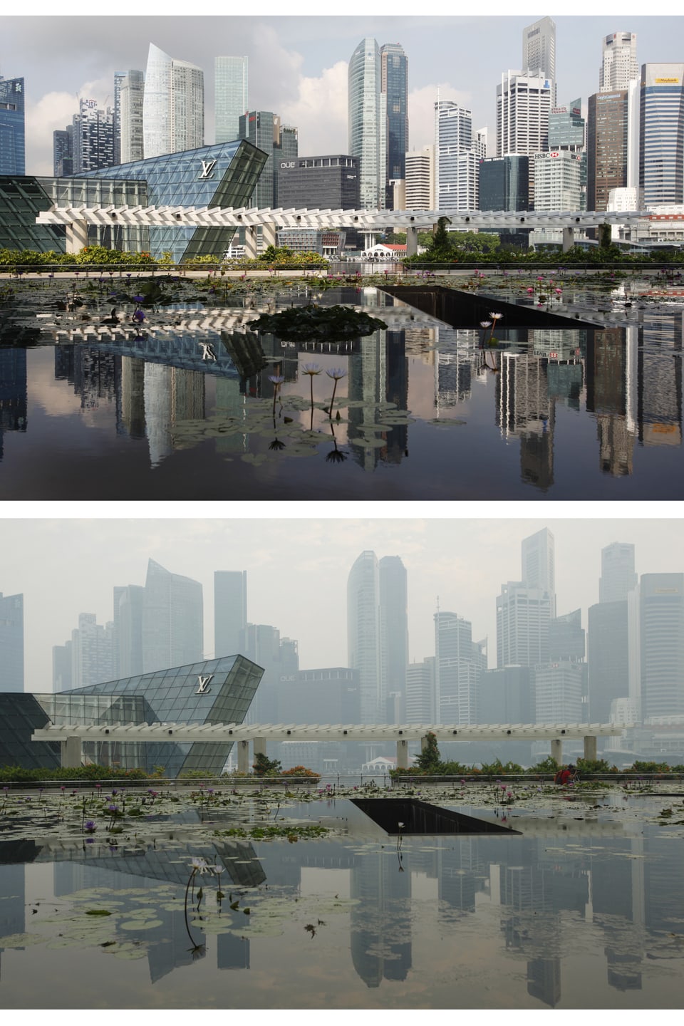 Die Skyline von Singapur im April 2013 (oben) und am 17. Juni 2013.