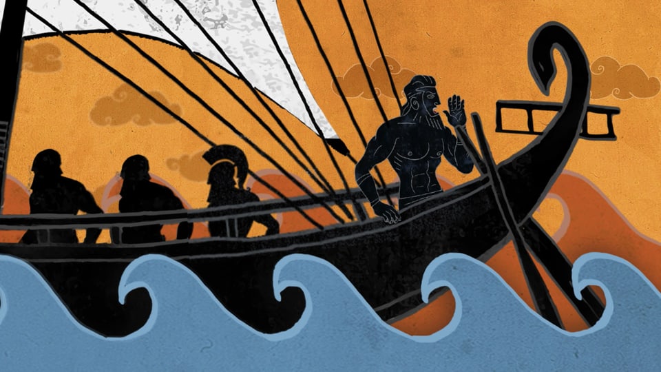 Eine Animationssequenz zeigt Odysseus auf einem Schiff.