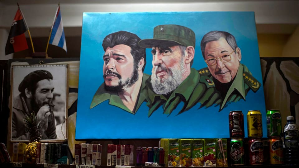 Zeichnung mit Che Guevara, Fidel Castro und Raul Castro.