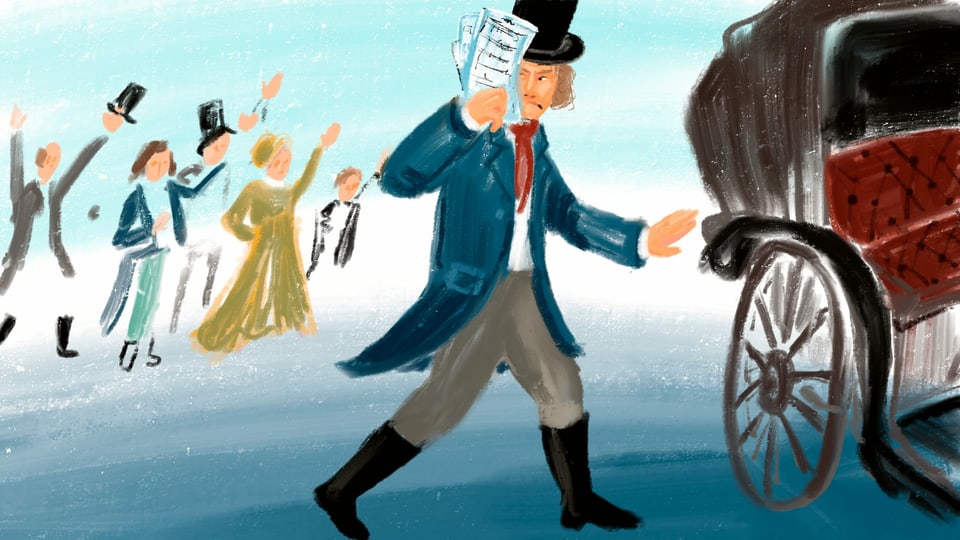 Illustration: Beethoven geht auf eine Kutsche zu, hinter ihm eine jubeldne Menge