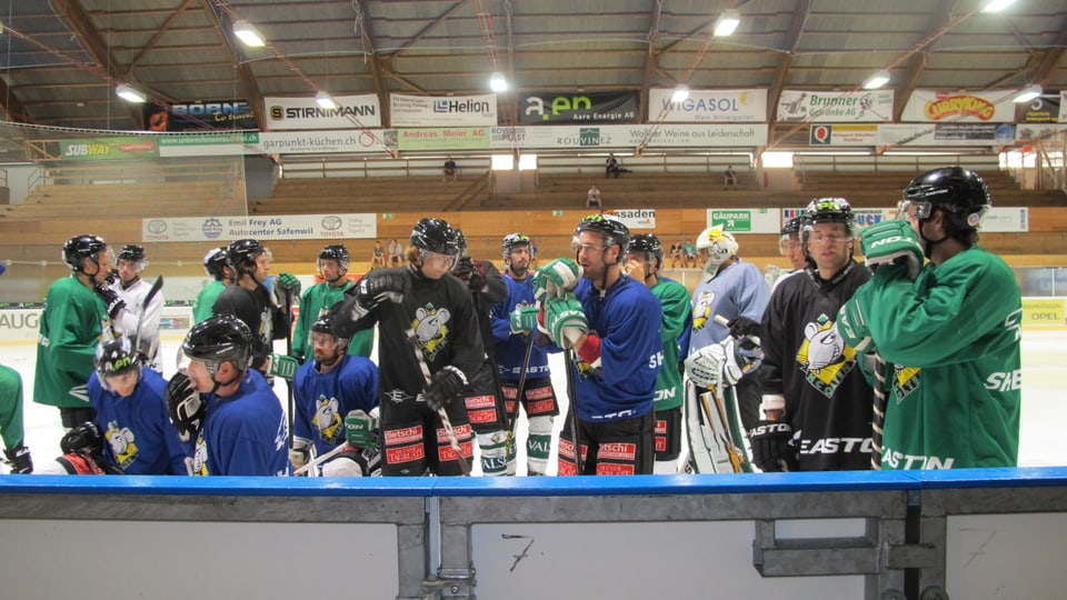 Die Mannschaft des EHC Olten versammelt sich vor Trainingsbeginn auf dem Eis. 