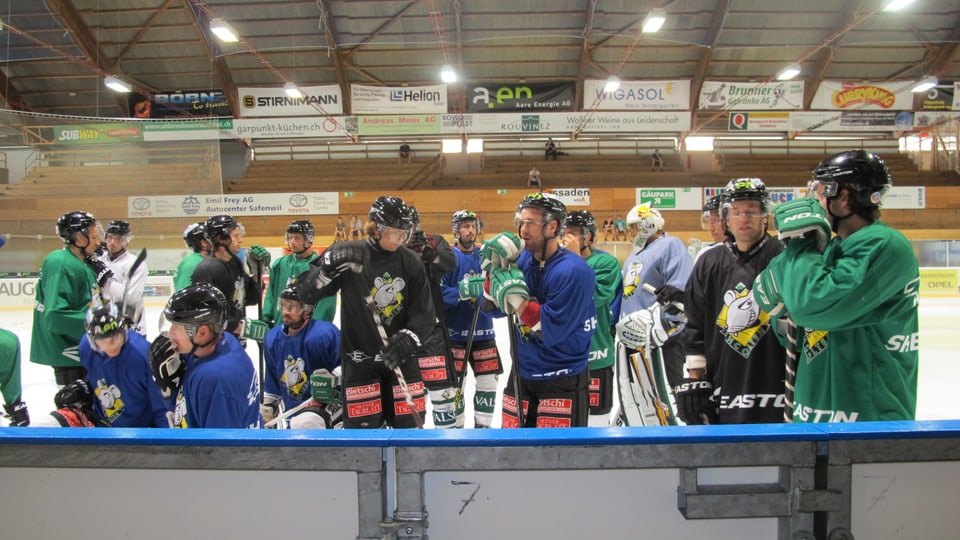 Die Mannschaft des EHC Olten versammelt sich vor Trainingsbeginn auf dem Eis.
