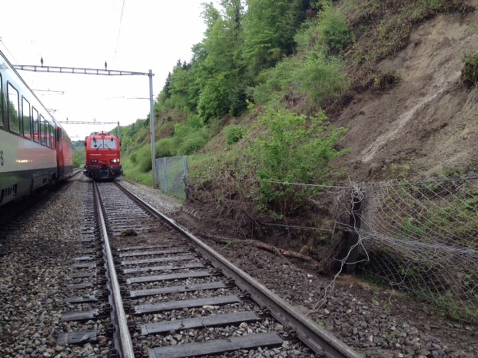 Zwei stehende Züge bei einem bis zum Geleise abgerutschten Hang. 