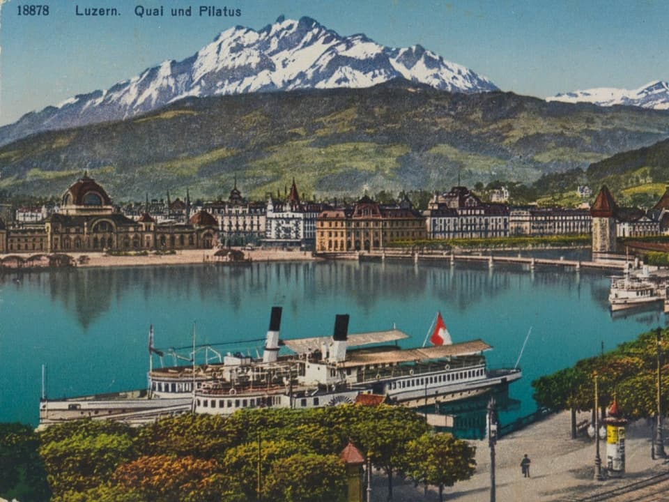 Über allem thront der Pilatus Postkarte von Luzern aus dem Jahr 1905