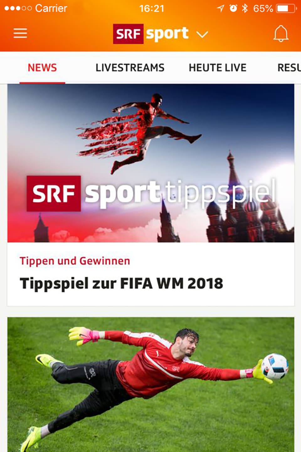 Ein Screenshot der SRF Sportapp 